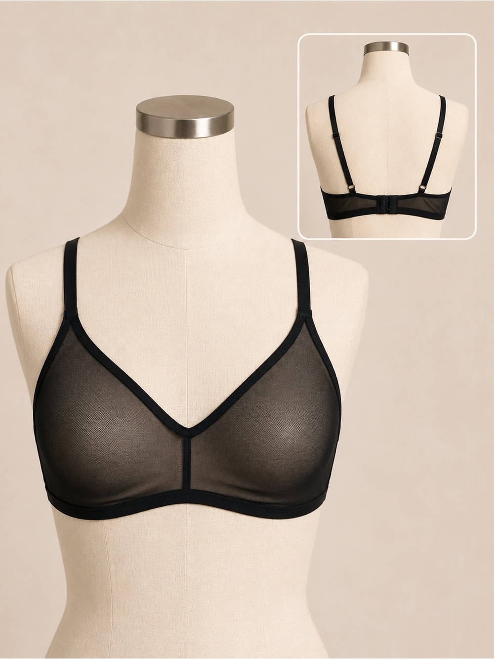 NEGATIVE Sheer Black Mesh Bralette Wireless Adjustable Straps Size S